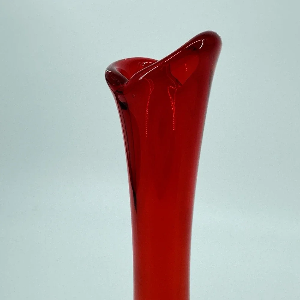Vintage Red Orange Art Glass Vase Hand Blown Sculptural Flared Rim 12